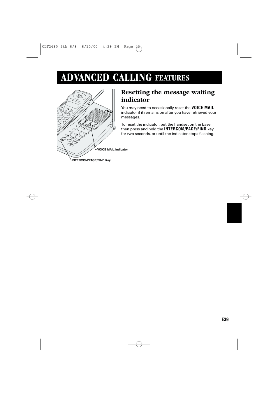 Advanced calling, Features, Resetting the message waiting indicator | Sanyo LC-2430 User Manual | Page 43 / 60