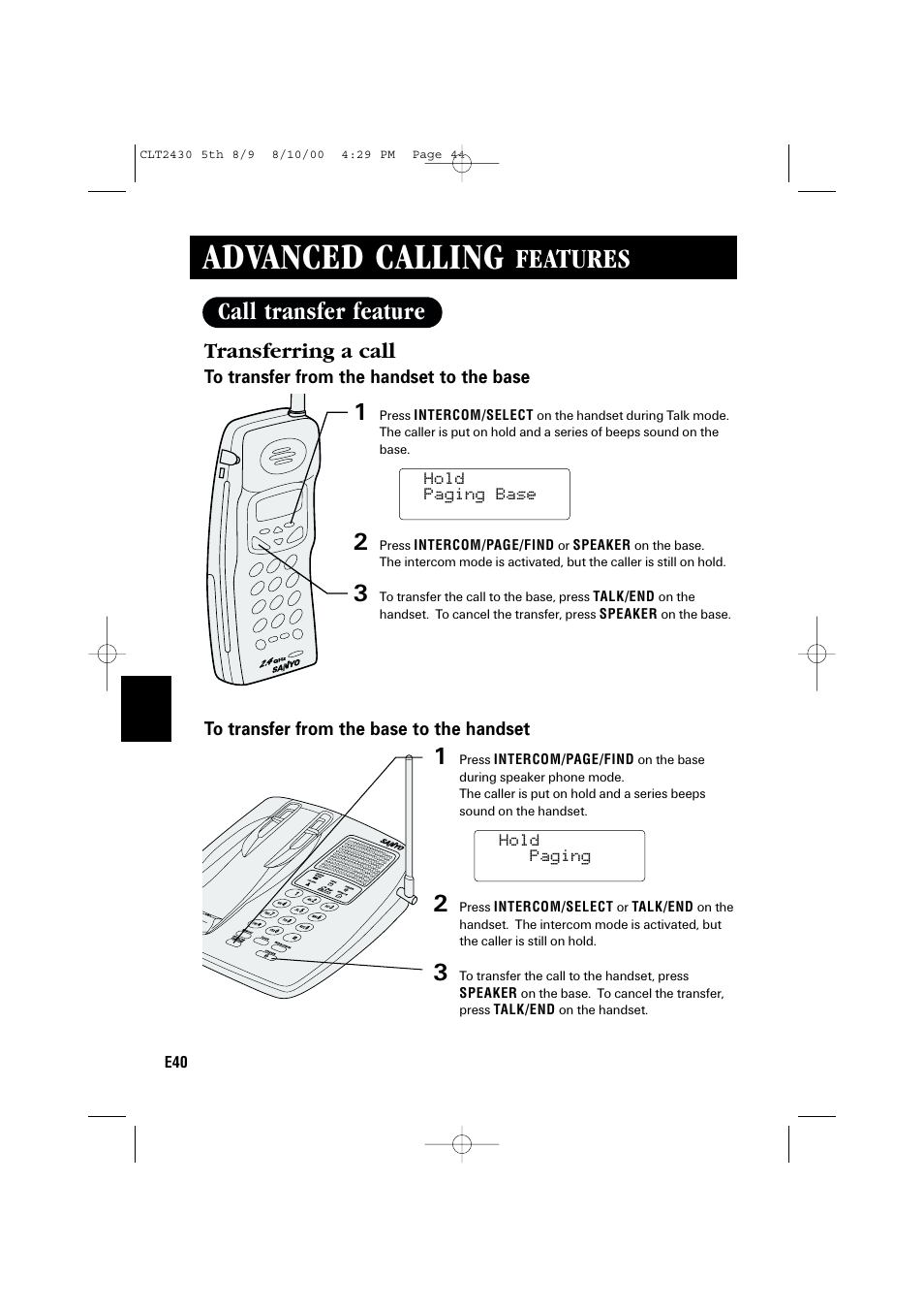 Advanced calling, Features, Call transfer feature | Transferring a call | Sanyo LC-2430 User Manual | Page 44 / 60