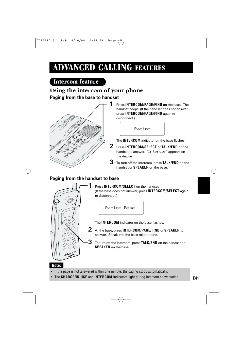 Advanced calling, Features, Intercom feature | Using the intercom of your phone | Sanyo LC-2430 User Manual | Page 45 / 60