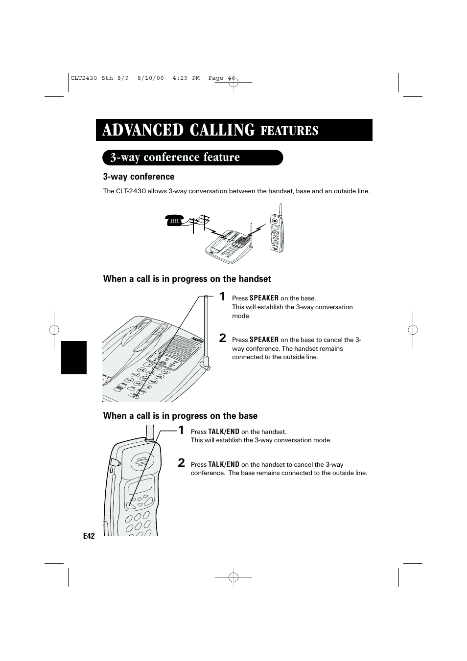 Advanced calling, Features, Way conference feature | Sanyo LC-2430 User Manual | Page 46 / 60