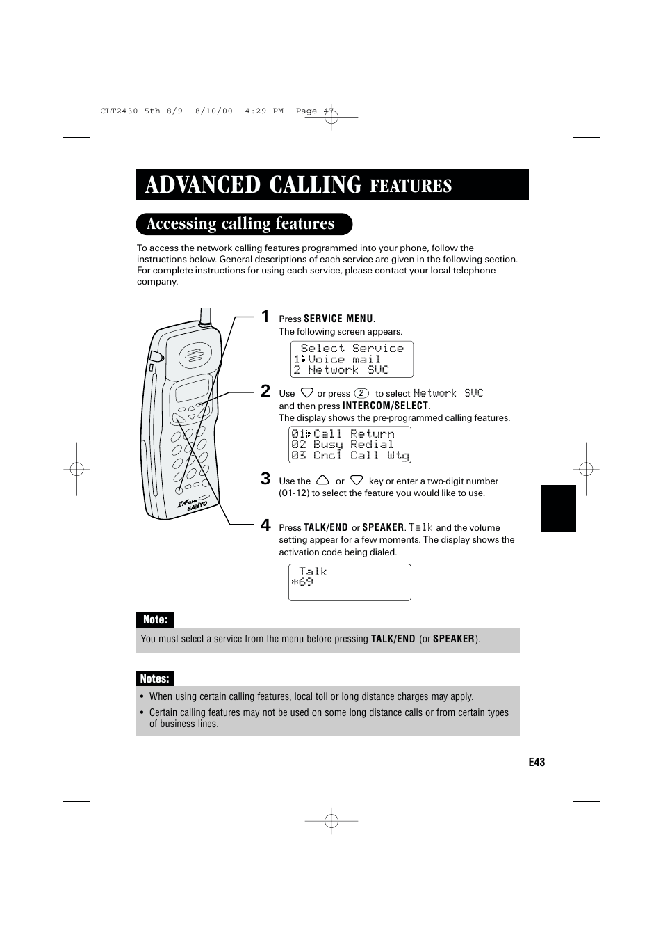Advanced calling, Features, Accessing calling features | Sanyo LC-2430 User Manual | Page 47 / 60