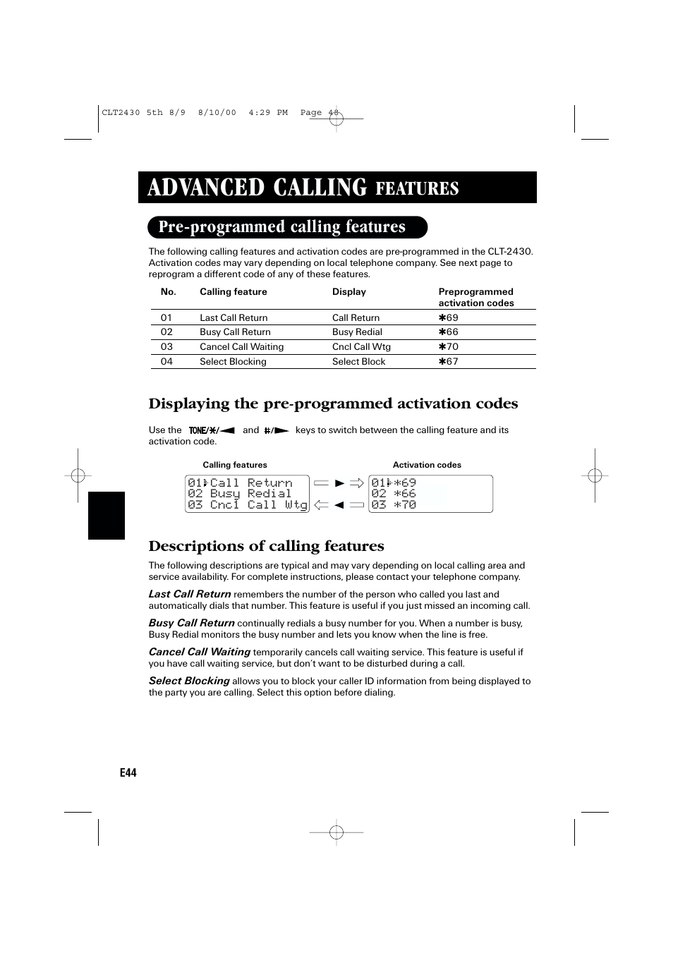 Advanced calling, Features, Pre-programmed calling features | Displaying the pre-programmed activation codes, Descriptions of calling features | Sanyo LC-2430 User Manual | Page 48 / 60