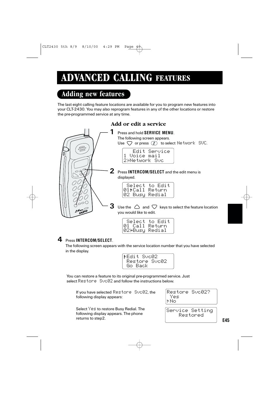 Advanced calling, Features, Adding new features | Sanyo LC-2430 User Manual | Page 49 / 60
