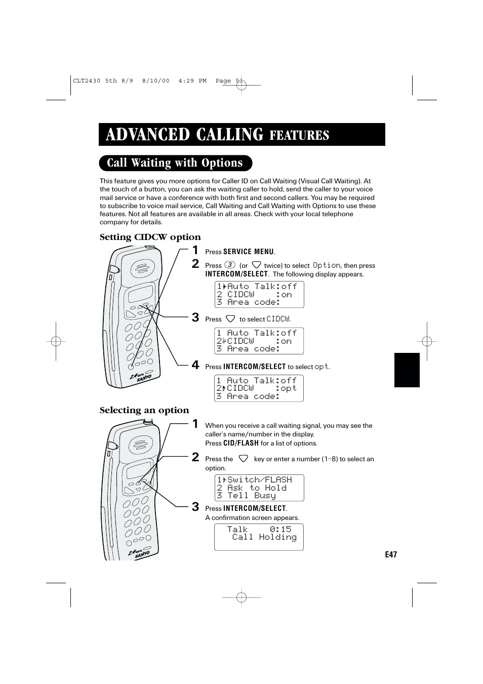Advanced calling, Features, Call waiting with options | Sanyo LC-2430 User Manual | Page 51 / 60