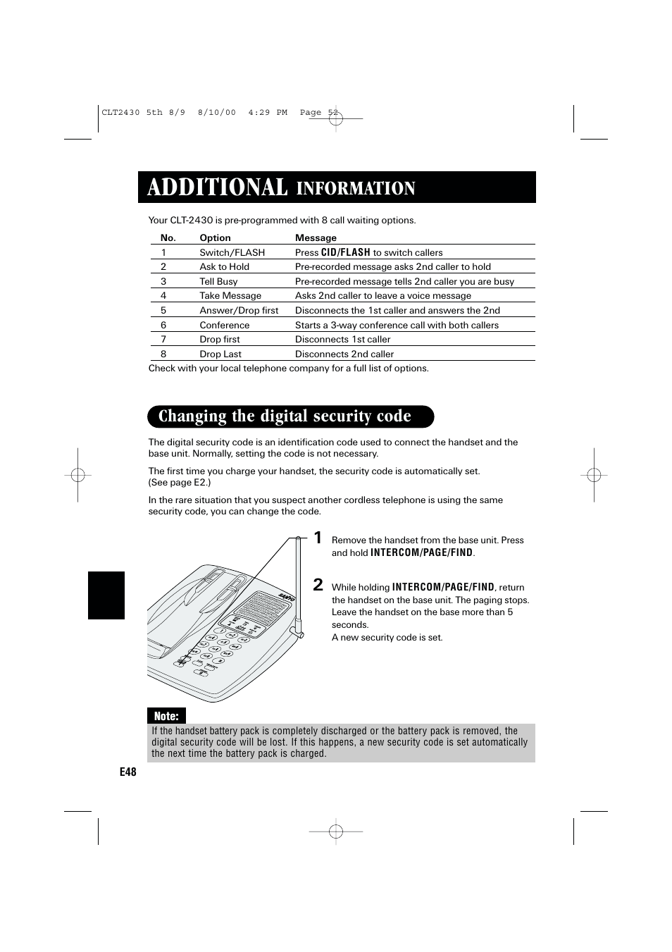 Additional, Information, Changing the digital security code | Sanyo LC-2430 User Manual | Page 52 / 60