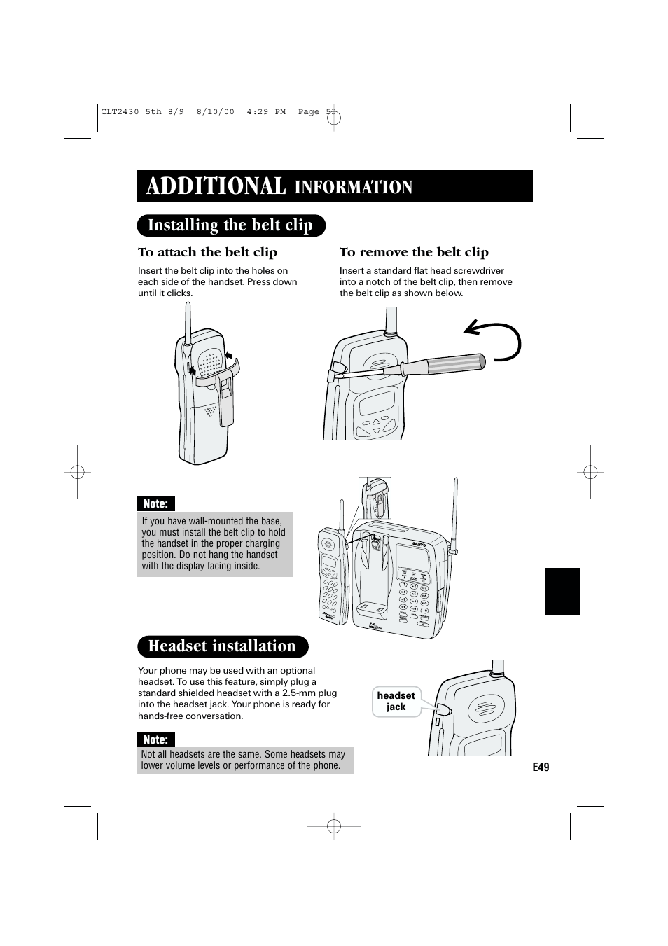 Additional, Information, Installing the belt clip headset installation | Sanyo LC-2430 User Manual | Page 53 / 60