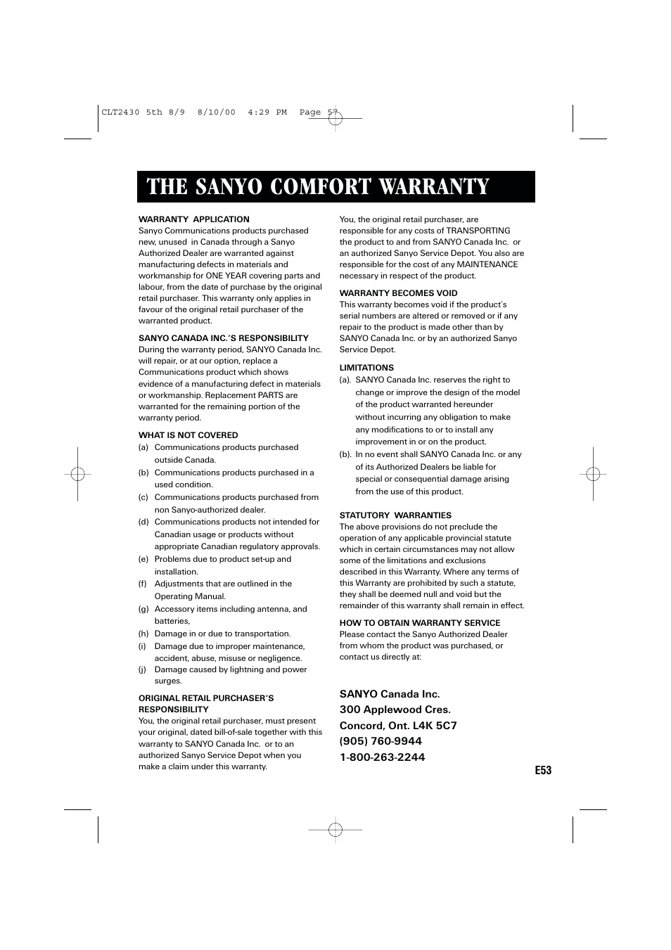 The sanyo comfort warranty | Sanyo LC-2430 User Manual | Page 57 / 60