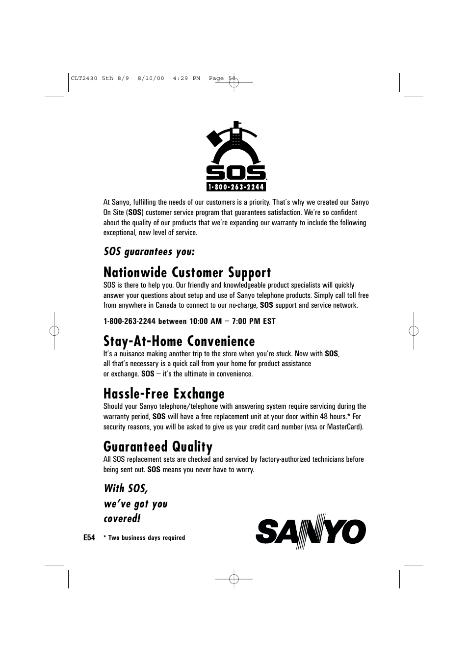 Nationwide customer support, Stay-at-home convenience, Hassle-free exchange | Guaranteed quality | Sanyo LC-2430 User Manual | Page 58 / 60