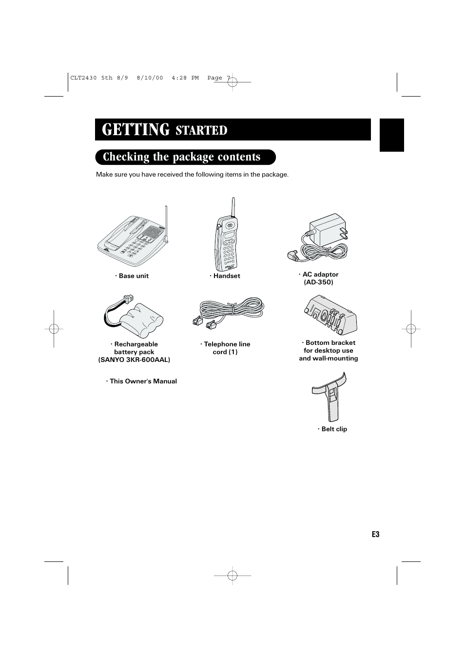 Getting, Started, Checking the package contents | Sanyo LC-2430 User Manual | Page 7 / 60