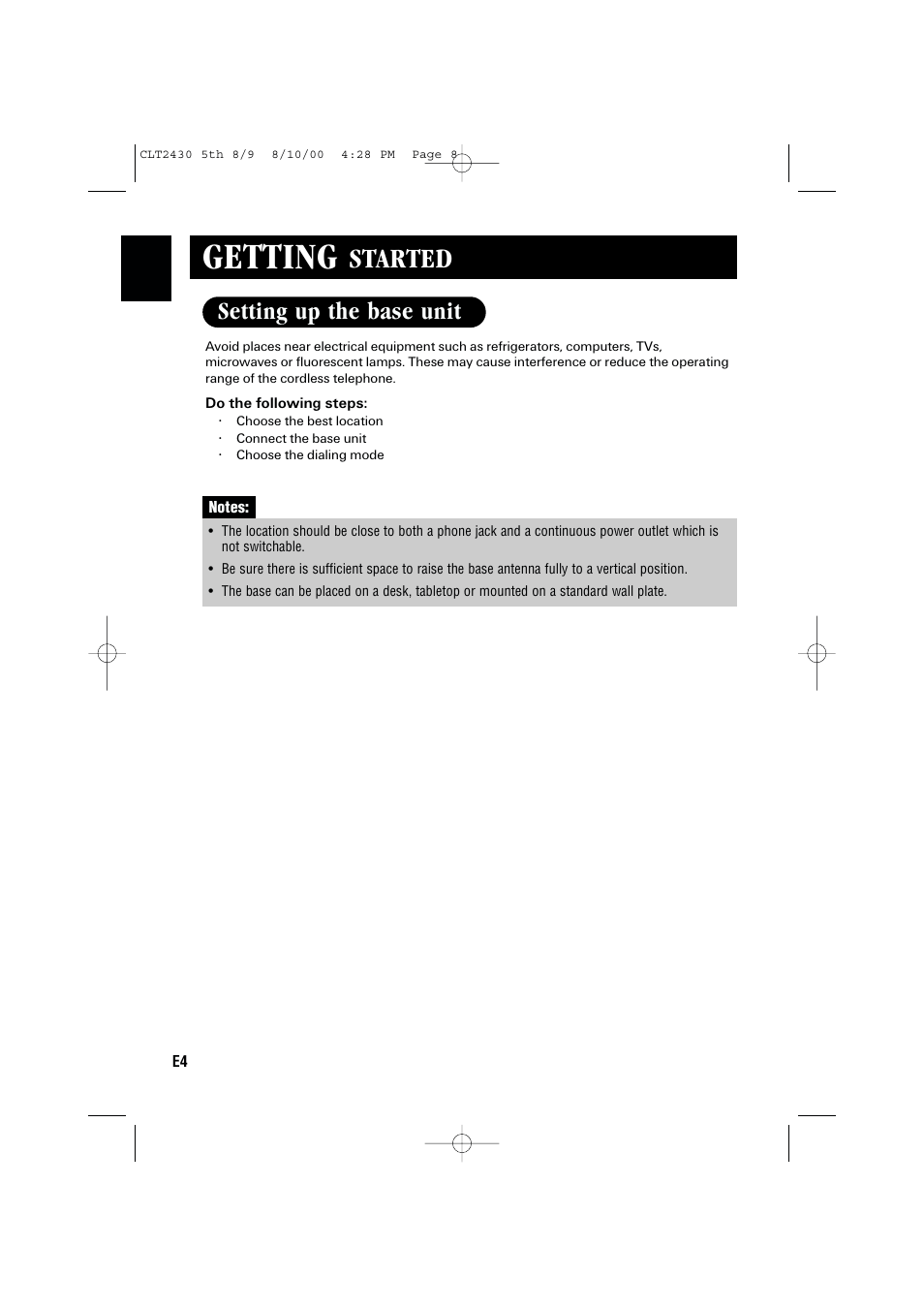 Getting, Started, Setting up the base unit | Sanyo LC-2430 User Manual | Page 8 / 60
