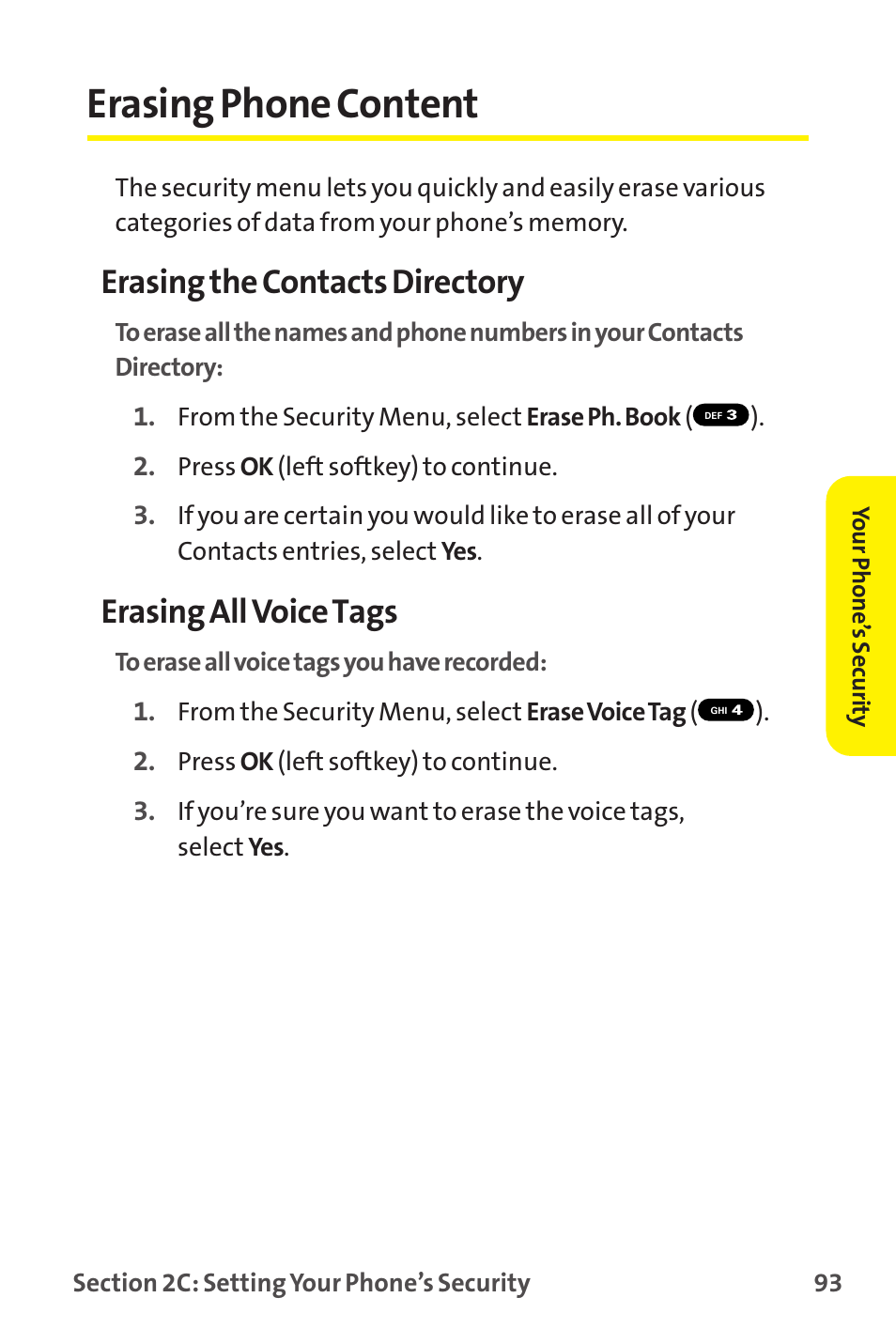 Erasing phone content, Erasing the contacts directory, Erasing all voice tags | Sanyo MM-9000 User Manual | Page 103 / 367