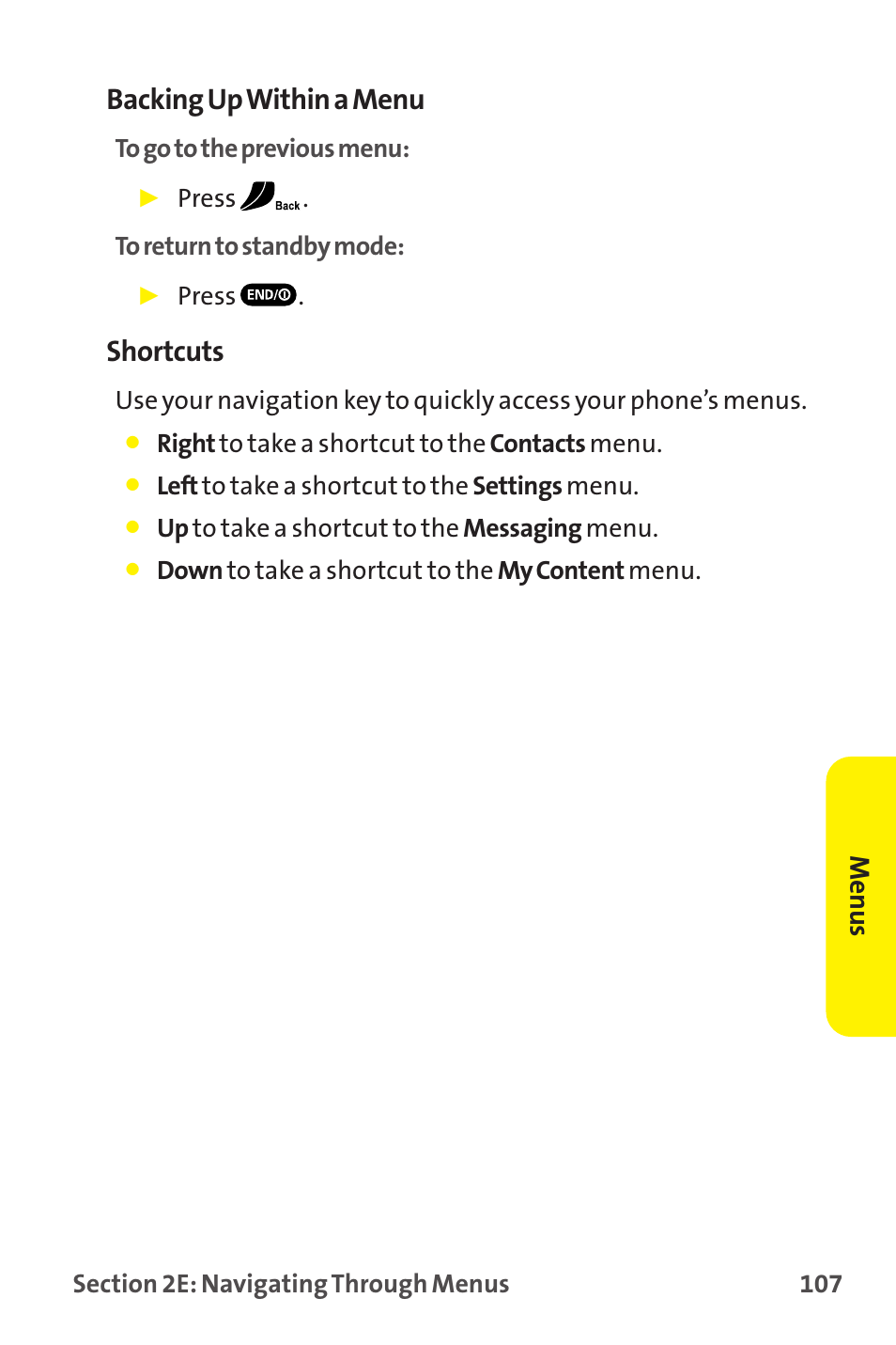 Backing up within a menu, Shortcuts, Menus | Sanyo MM-9000 User Manual | Page 117 / 367