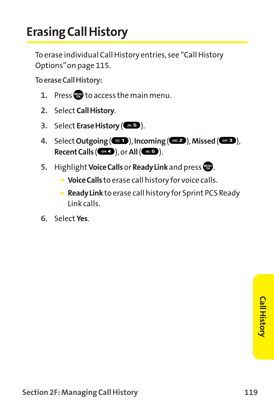 Erasing call history, Call history | Sanyo MM-9000 User Manual | Page 129 / 367