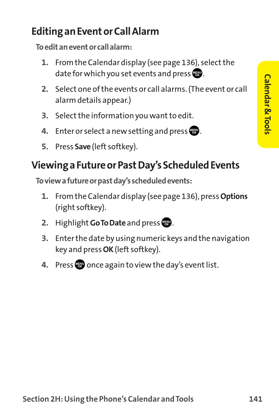Editing an event or call alarm, Viewing a future or past day’s scheduled events | Sanyo MM-9000 User Manual | Page 151 / 367
