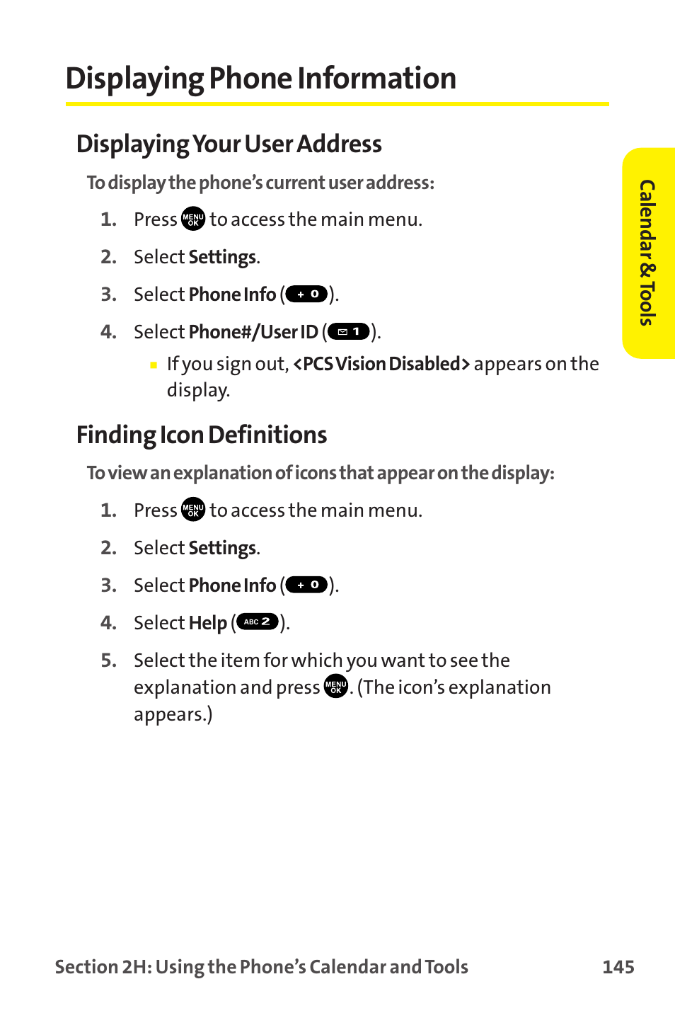 Displaying phone information, Displaying your user address, Finding icon definitions | Sanyo MM-9000 User Manual | Page 155 / 367