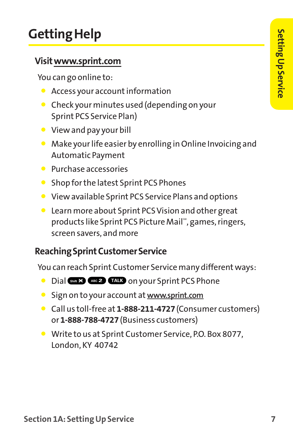 Getting help, Reaching sprint customer service, Setting up ser vice | You can go online to, Access your account information, View and pay your bill, Purchase accessories, Shop for the latest sprint pcs phones, Games, ringers, screen savers, and more, Dial on your sprint pcs phone | Sanyo MM-9000 User Manual | Page 17 / 367