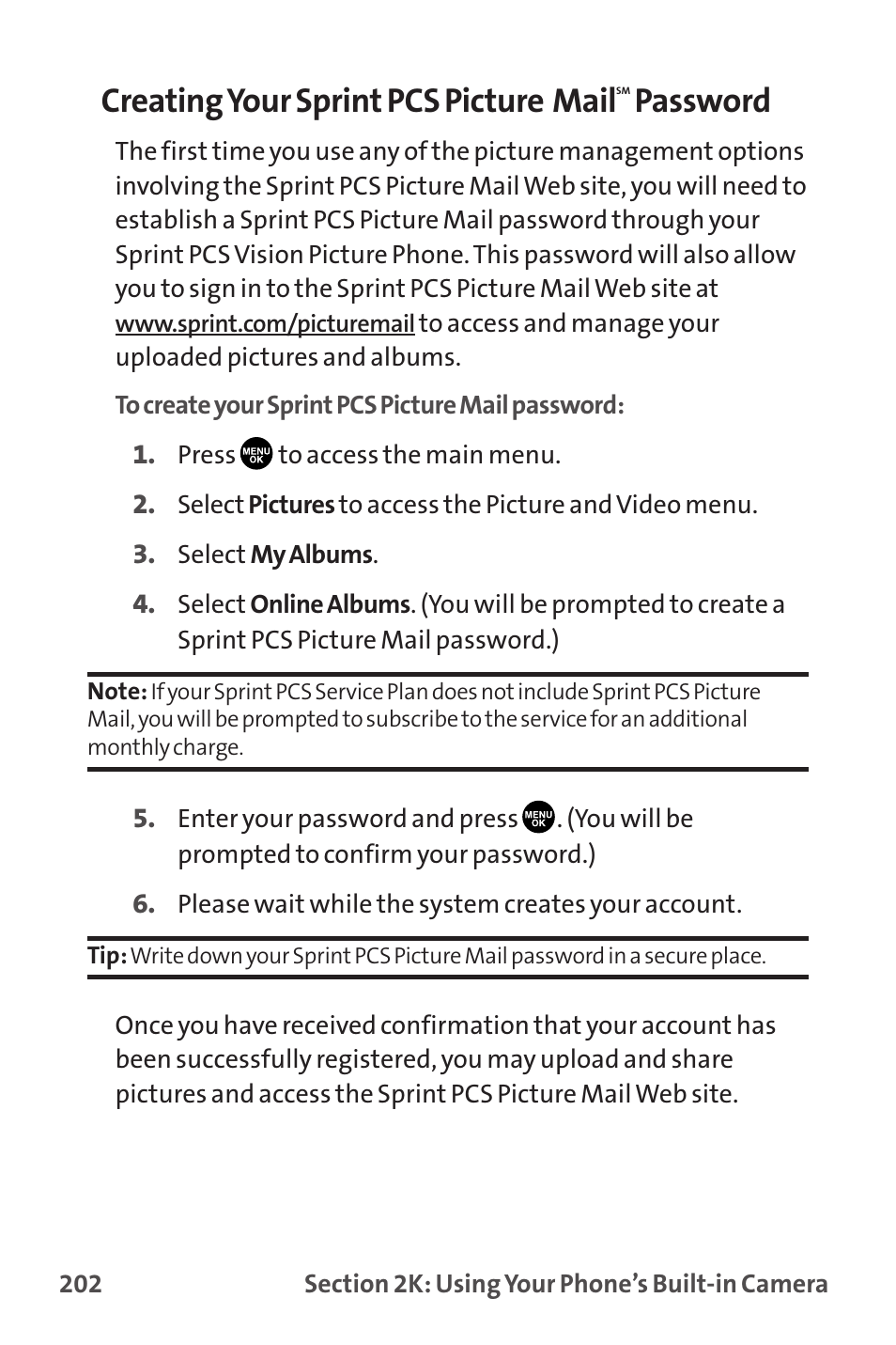 Creating your sprint pcs picture mail, Password | Sanyo MM-9000 User Manual | Page 212 / 367