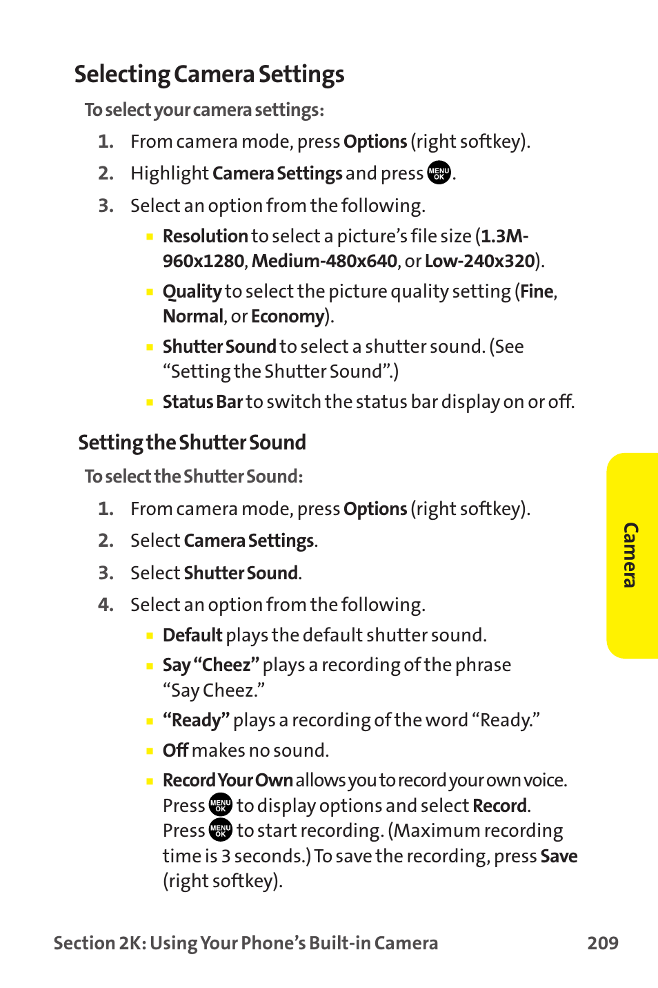 Selecting camera settings, Setting the shutter sound | Sanyo MM-9000 User Manual | Page 219 / 367