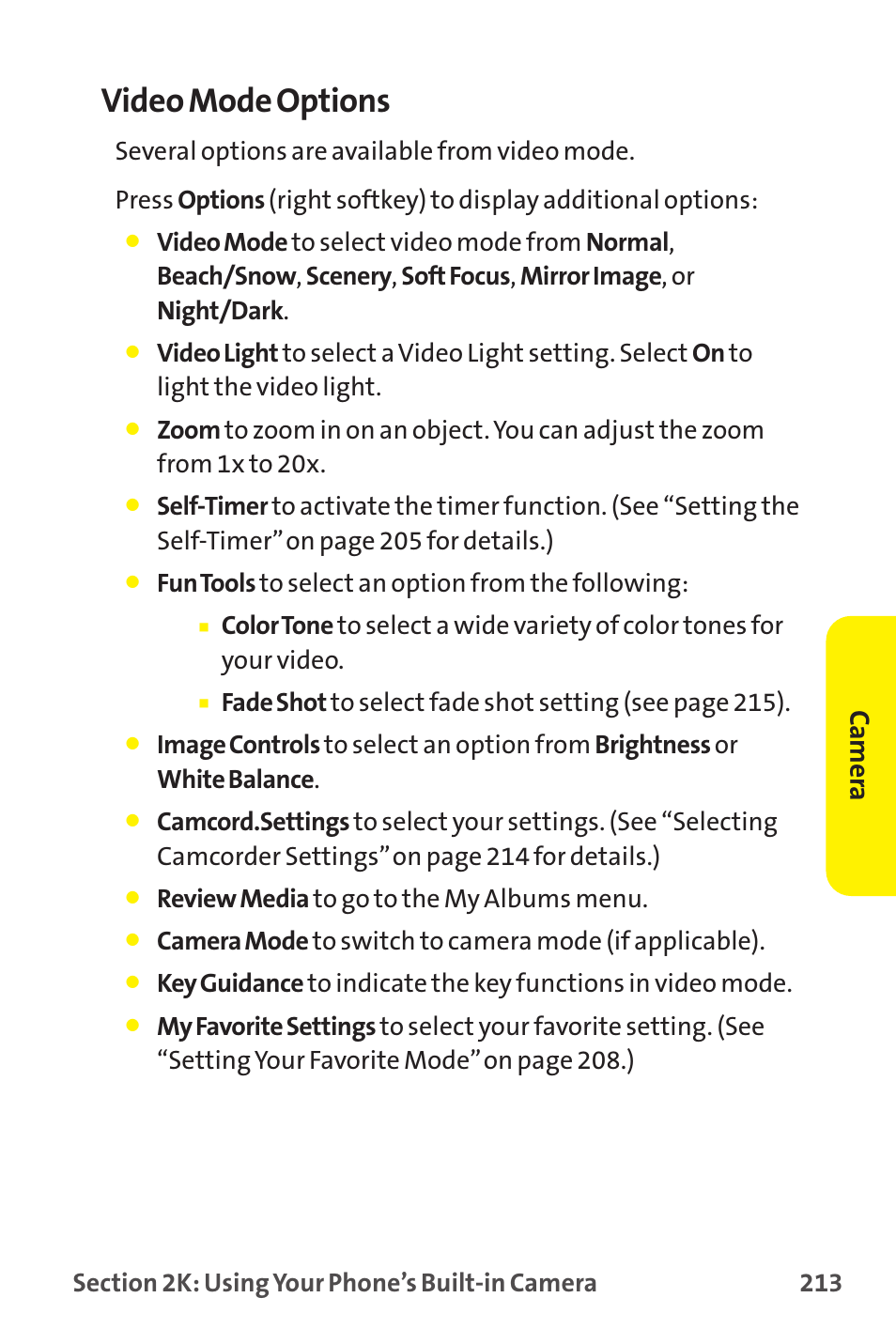 Video mode options, Camer a | Sanyo MM-9000 User Manual | Page 223 / 367