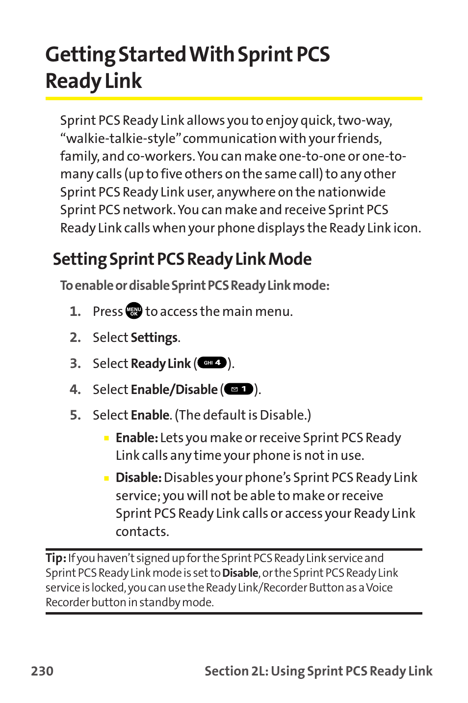 Getting started with sprint pcs ready link, Setting sprint pcs ready link mode | Sanyo MM-9000 User Manual | Page 240 / 367