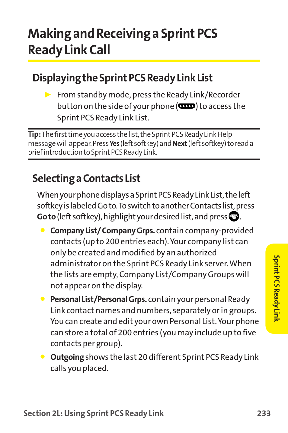 Making and receiving a sprint pcs ready link call, Displaying the sprint pcs ready link list, Selecting a contacts list | Sanyo MM-9000 User Manual | Page 243 / 367