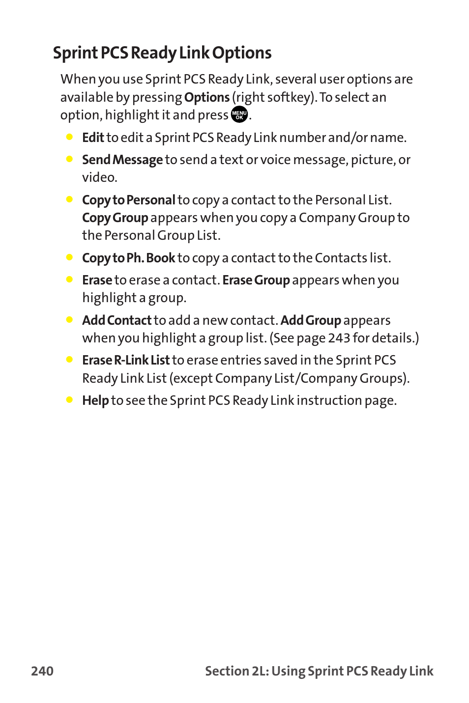 Sprint pcs ready link options | Sanyo MM-9000 User Manual | Page 250 / 367