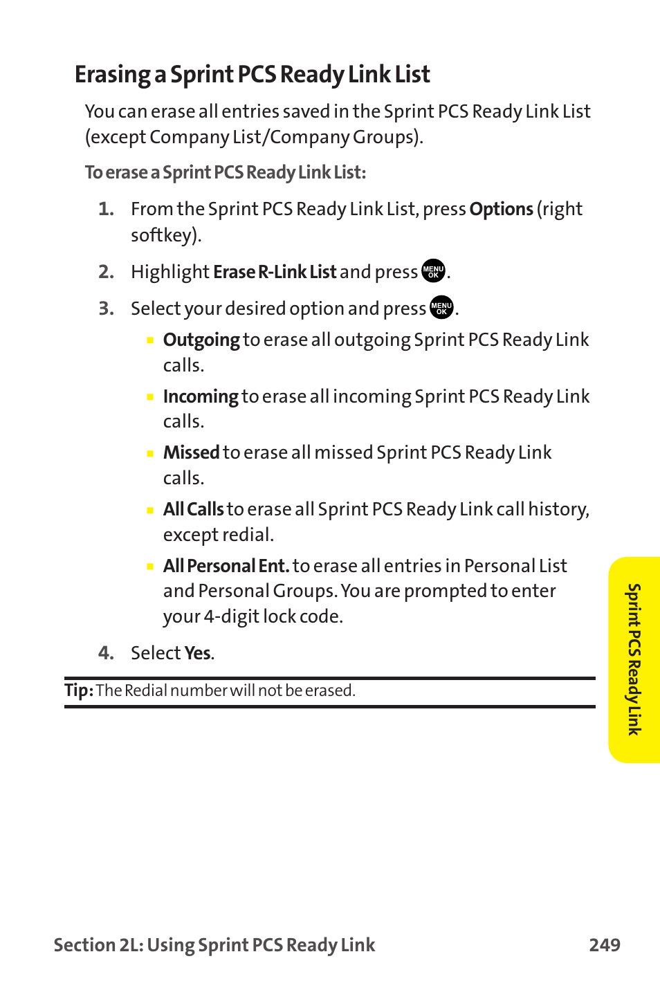 Erasing a sprint pcs ready link list | Sanyo MM-9000 User Manual | Page 259 / 367