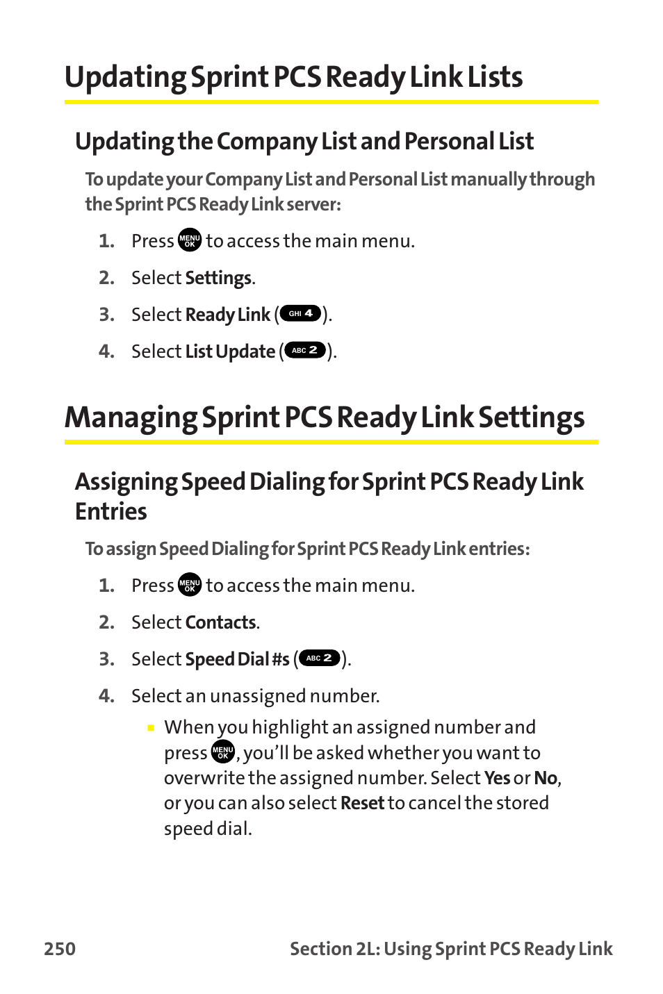 Updating sprint pcs ready link lists, Managing sprint pcs ready link settings, Updating the company list and personal list | Sanyo MM-9000 User Manual | Page 260 / 367