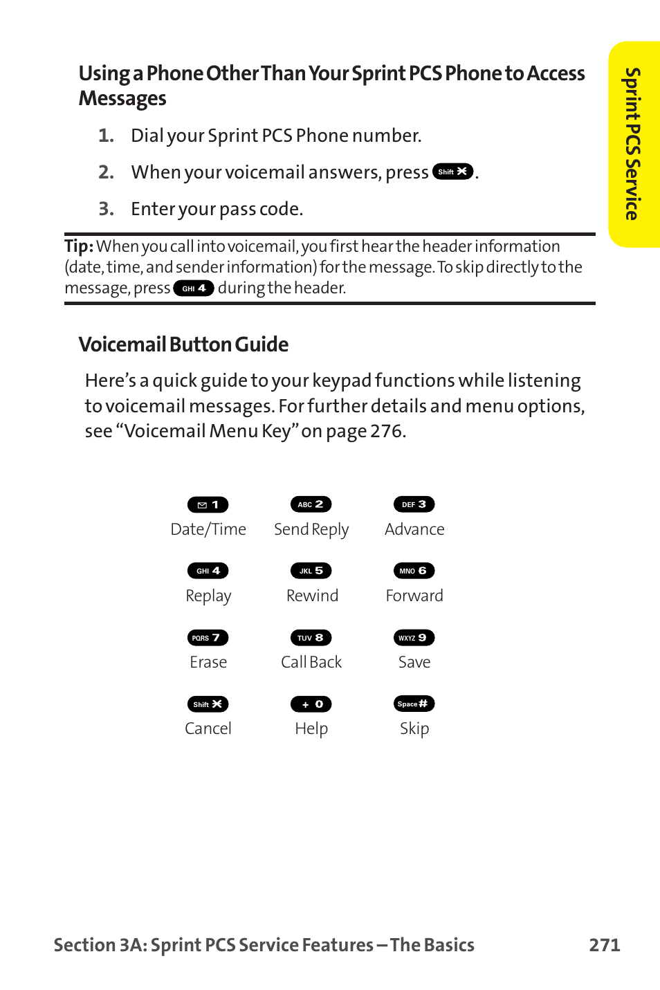 Voicemail button guide, Sprin t pcs ser vice, Dial your sprint pcs phone number | When your voicemail answers, press, Enter your pass code | Sanyo MM-9000 User Manual | Page 281 / 367