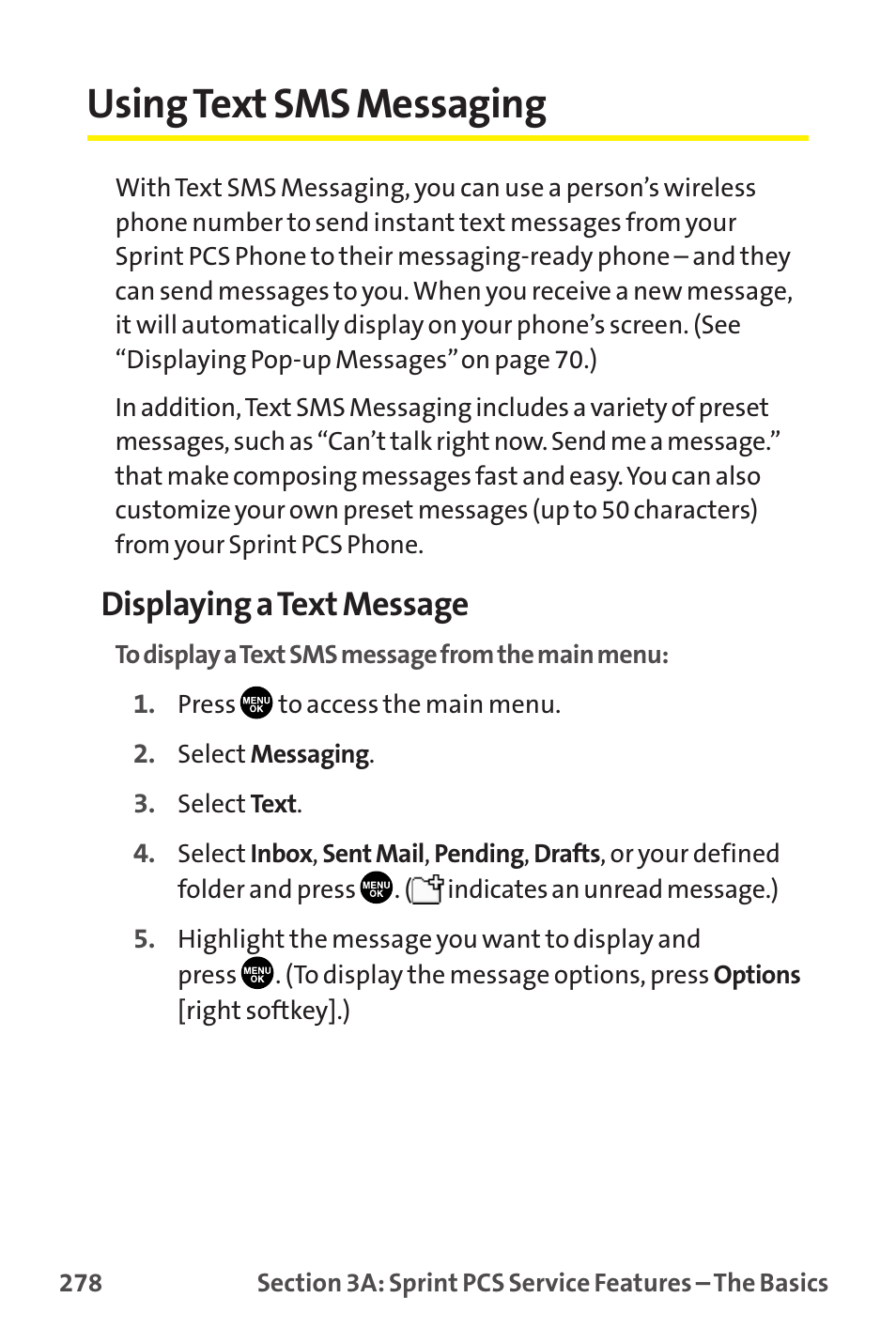 Using text sms messaging, Displaying a text message | Sanyo MM-9000 User Manual | Page 288 / 367