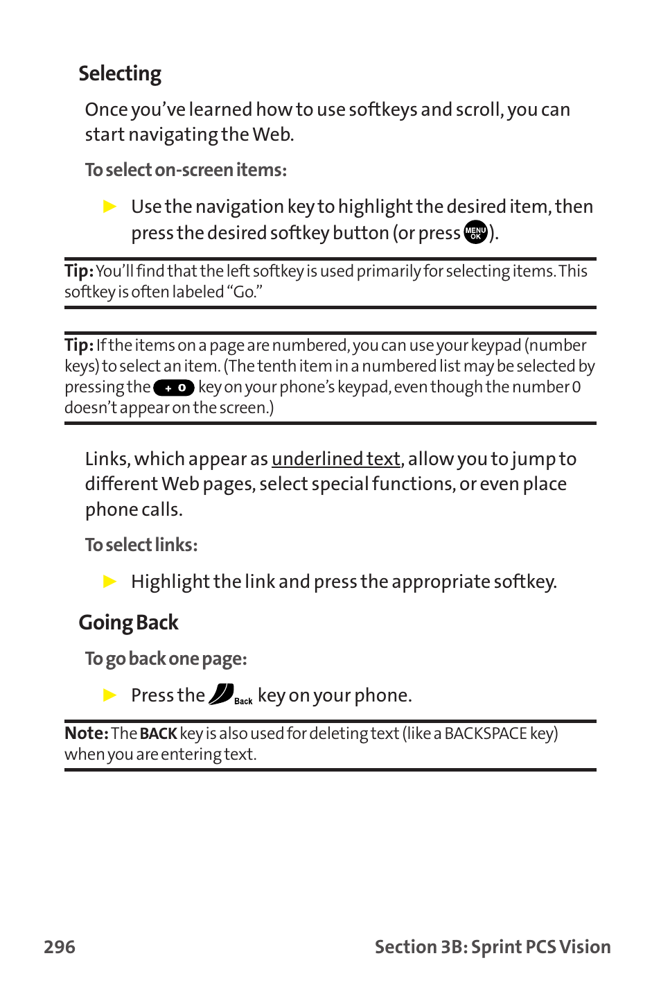 Selecting, Going back | Sanyo MM-9000 User Manual | Page 306 / 367