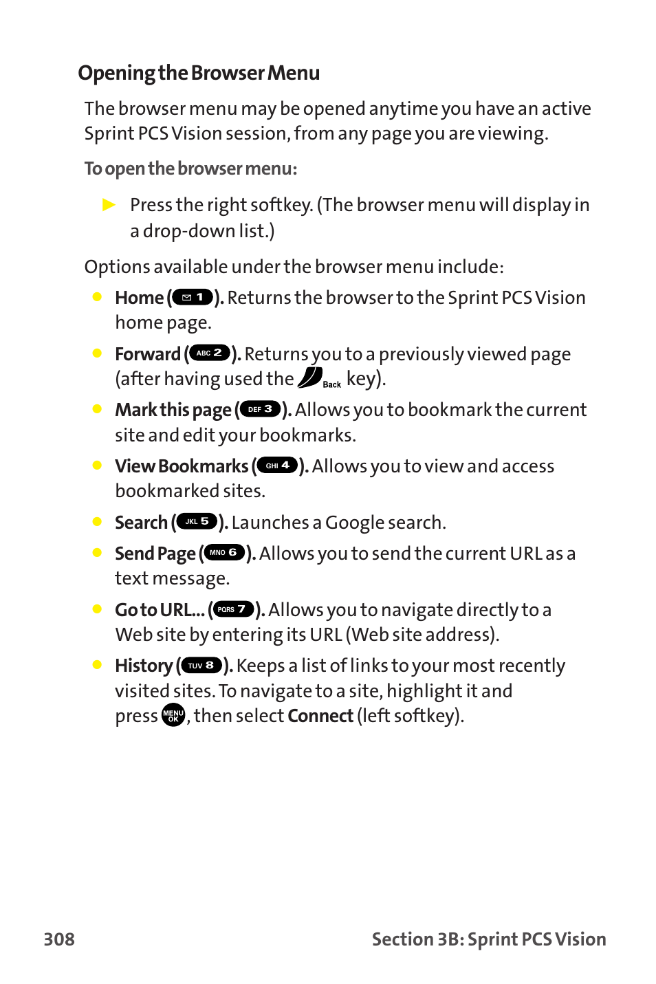 Opening the browser menu, Key), Search ( ). launches a google search | Sanyo MM-9000 User Manual | Page 318 / 367