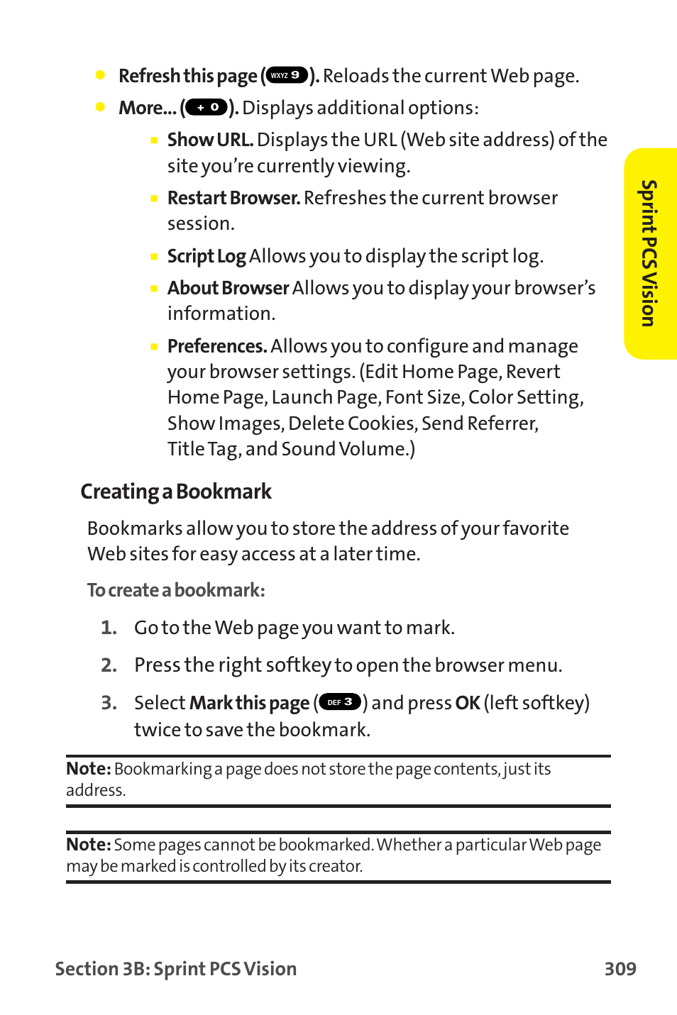 Creating a bookmark, Press the right softkey, Sprin t pcs v ision | Sanyo MM-9000 User Manual | Page 319 / 367