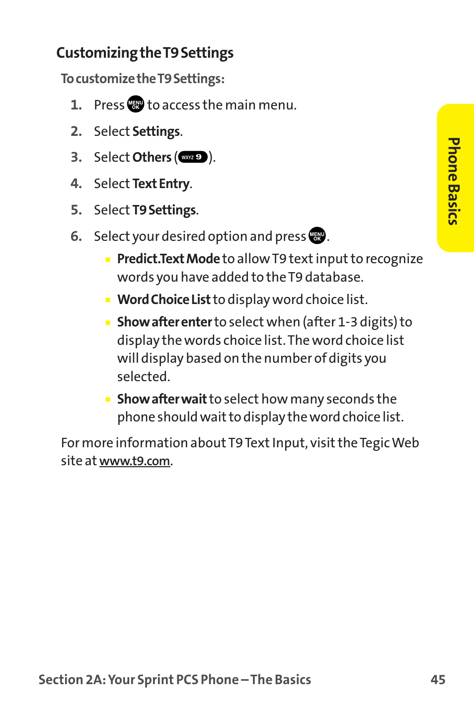 Phone basics, Customizing the t9 settings | Sanyo MM-9000 User Manual | Page 55 / 367