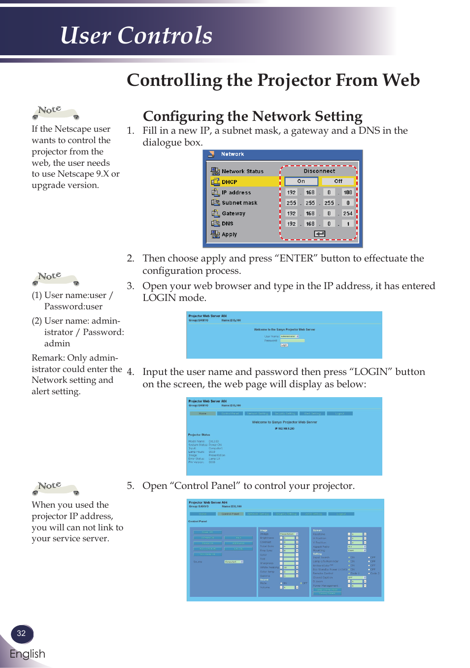 Controlling the projector from web, Configuring the network setting, User controls | Sanyo PDG-DWL100 User Manual | Page 33 / 63