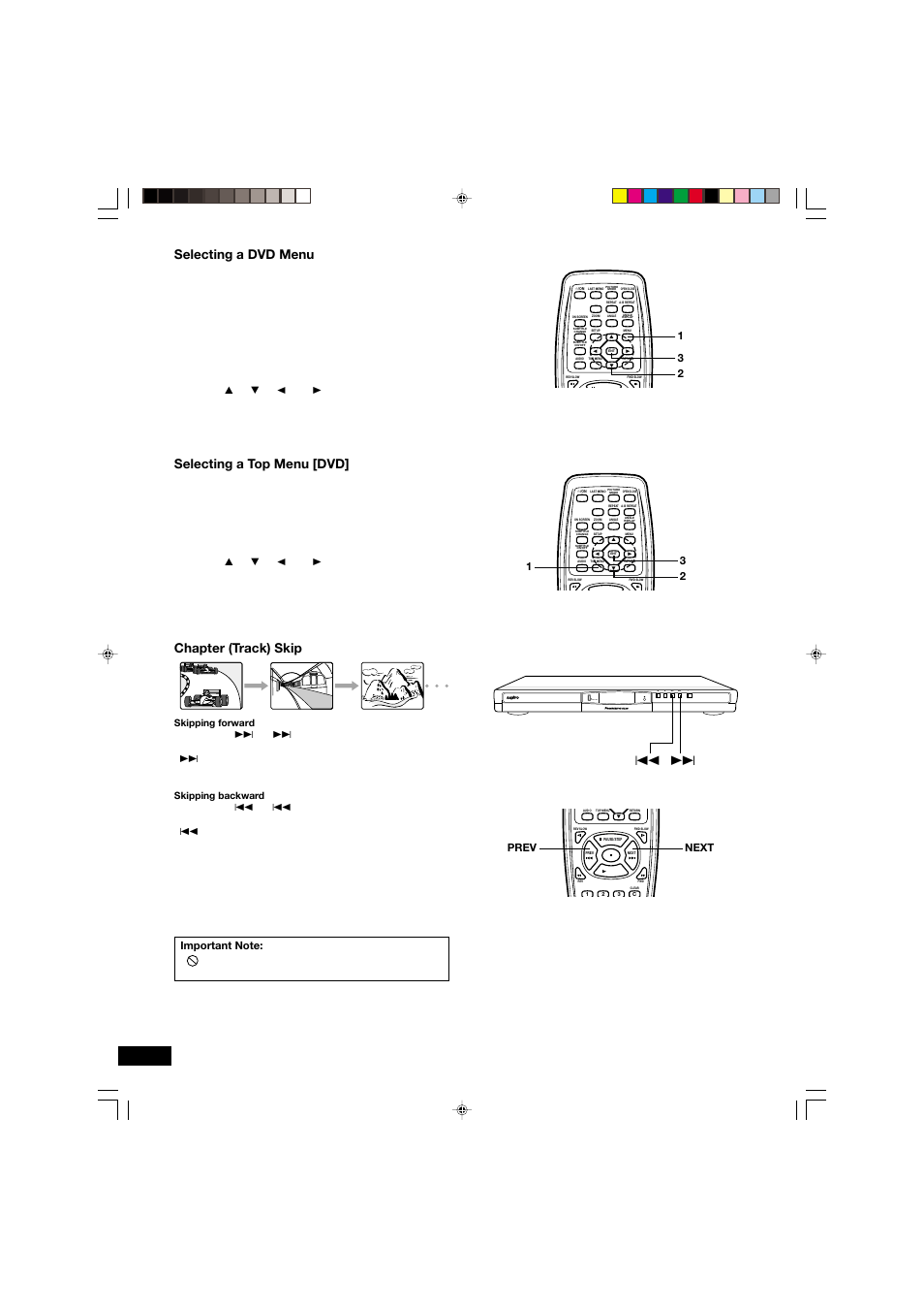 Selecting a dvd menu, Selecting a top menu [dvd, Chapter (track) skip | Prev next -e17 | Sanyo DVD-SL33 User Manual | Page 18 / 38