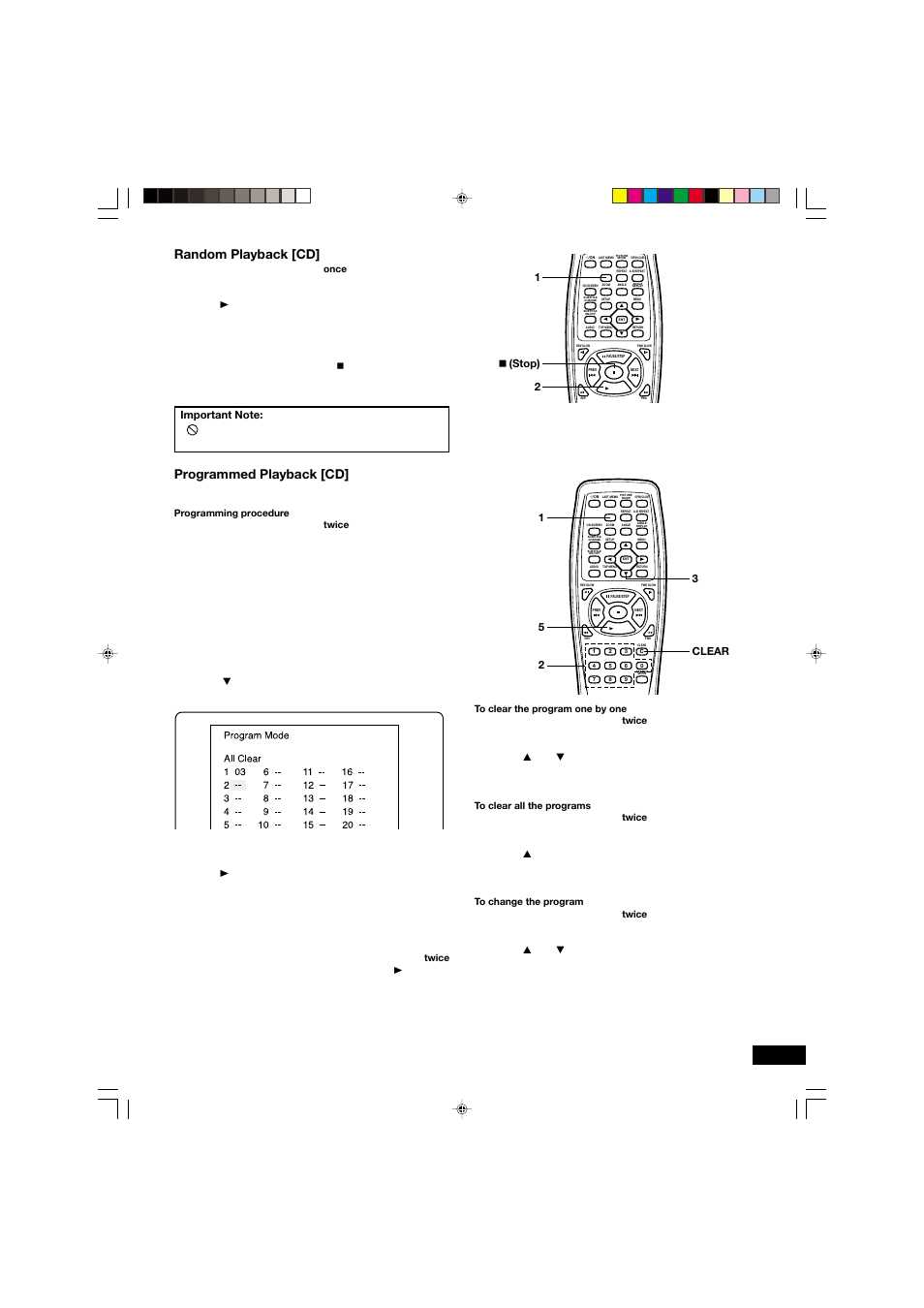 Random playback [cd, Programmed playback [cd, N (stop) | Clear 3 2 5 1 | Sanyo DVD-SL33 User Manual | Page 23 / 38