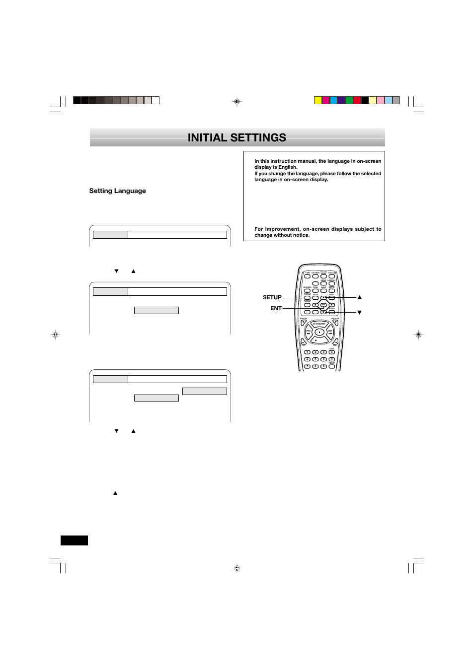 Initial settings, Setting language, Setup ent 5 4 -e29 | Sanyo DVD-SL33 User Manual | Page 30 / 38