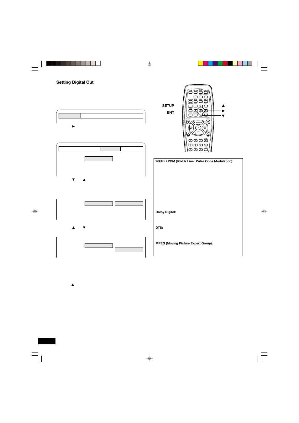 Setting digital out, Setup ent 5 4 a | Sanyo DVD-SL33 User Manual | Page 32 / 38