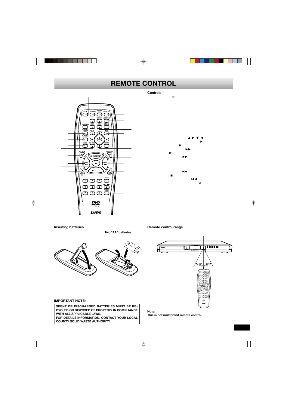 Remote control | Sanyo DVD-SL33 User Manual | Page 7 / 38