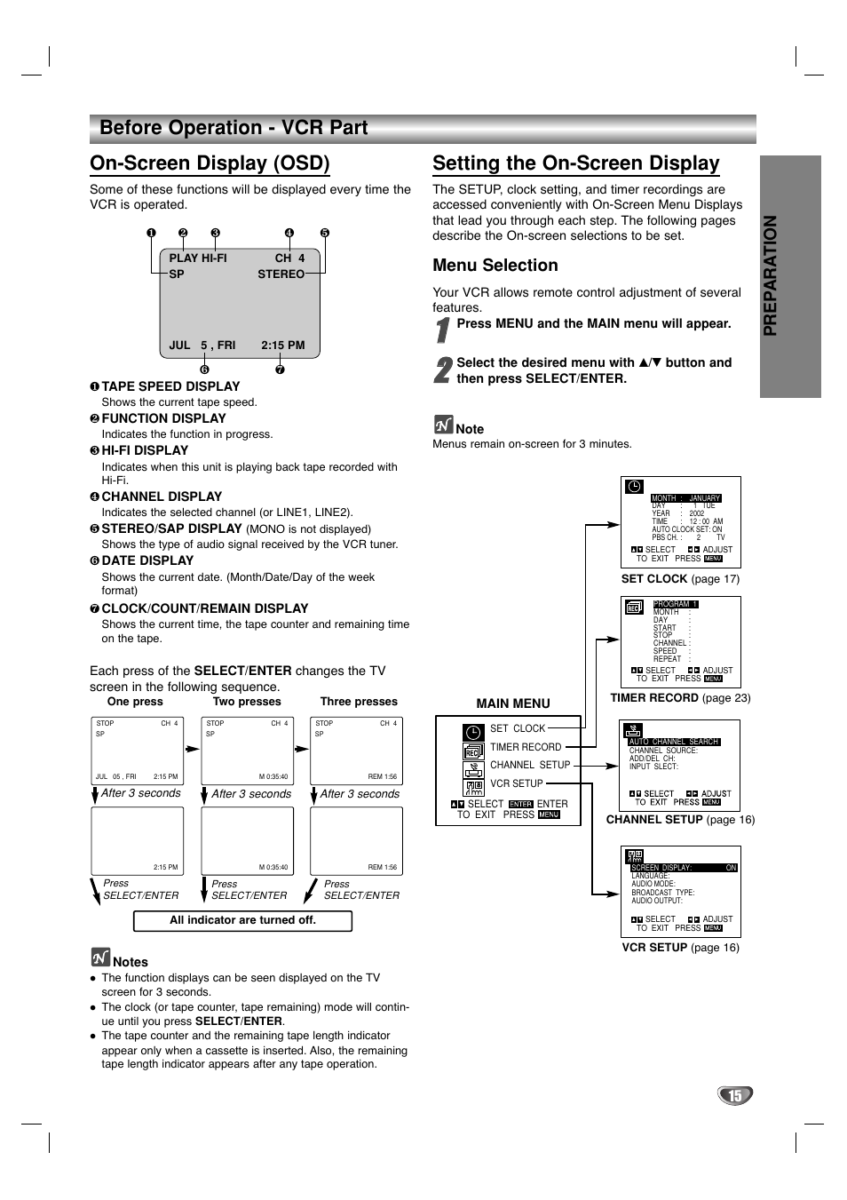 On-screen display (osd), Setting the on-screen display, Before operation - vcr part | Prep ara tion, Menu selection | Sanyo DVC-2000 User Manual | Page 15 / 38