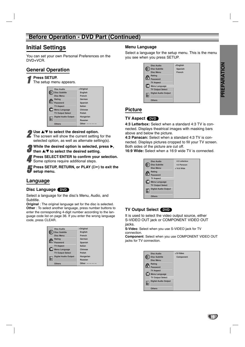 Prep ara tion, General operation, Language | Picture, Disc language, Menu language, Tv aspect, Tv output select | Sanyo DVC-2000 User Manual | Page 19 / 38