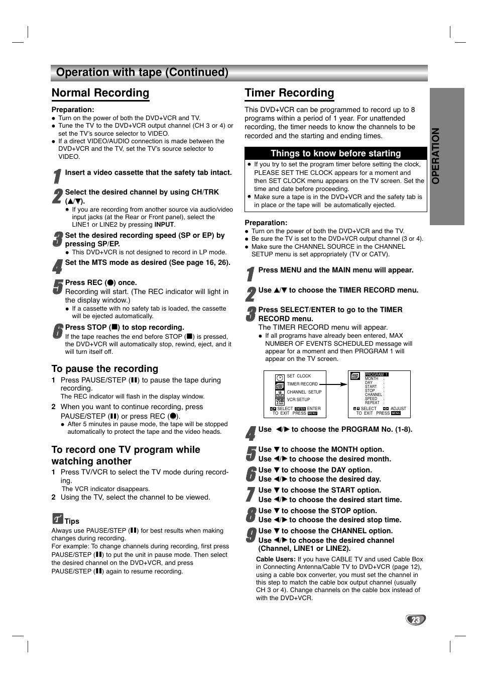 Operation with tape (continued) normal recording, Timer recording | Sanyo DVC-2000 User Manual | Page 23 / 38