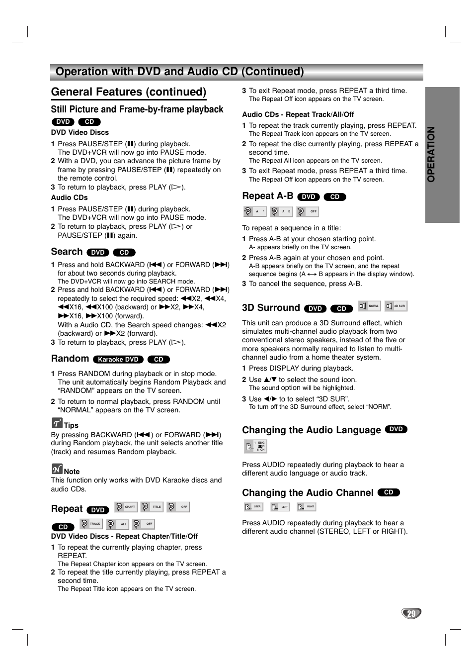 Still picture and frame-by-frame playback, Search, Random | Repeat, Repeat a-b, 3d surround, Changing the audio language, Changing the audio channel, Opera tion | Sanyo DVC-2000 User Manual | Page 29 / 38