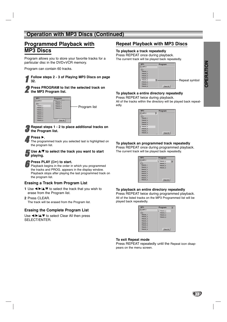 Repeat playback with mp3 discs, Opera tion, Erasing a track from program list | Erasing the complete program list | Sanyo DVC-2000 User Manual | Page 33 / 38