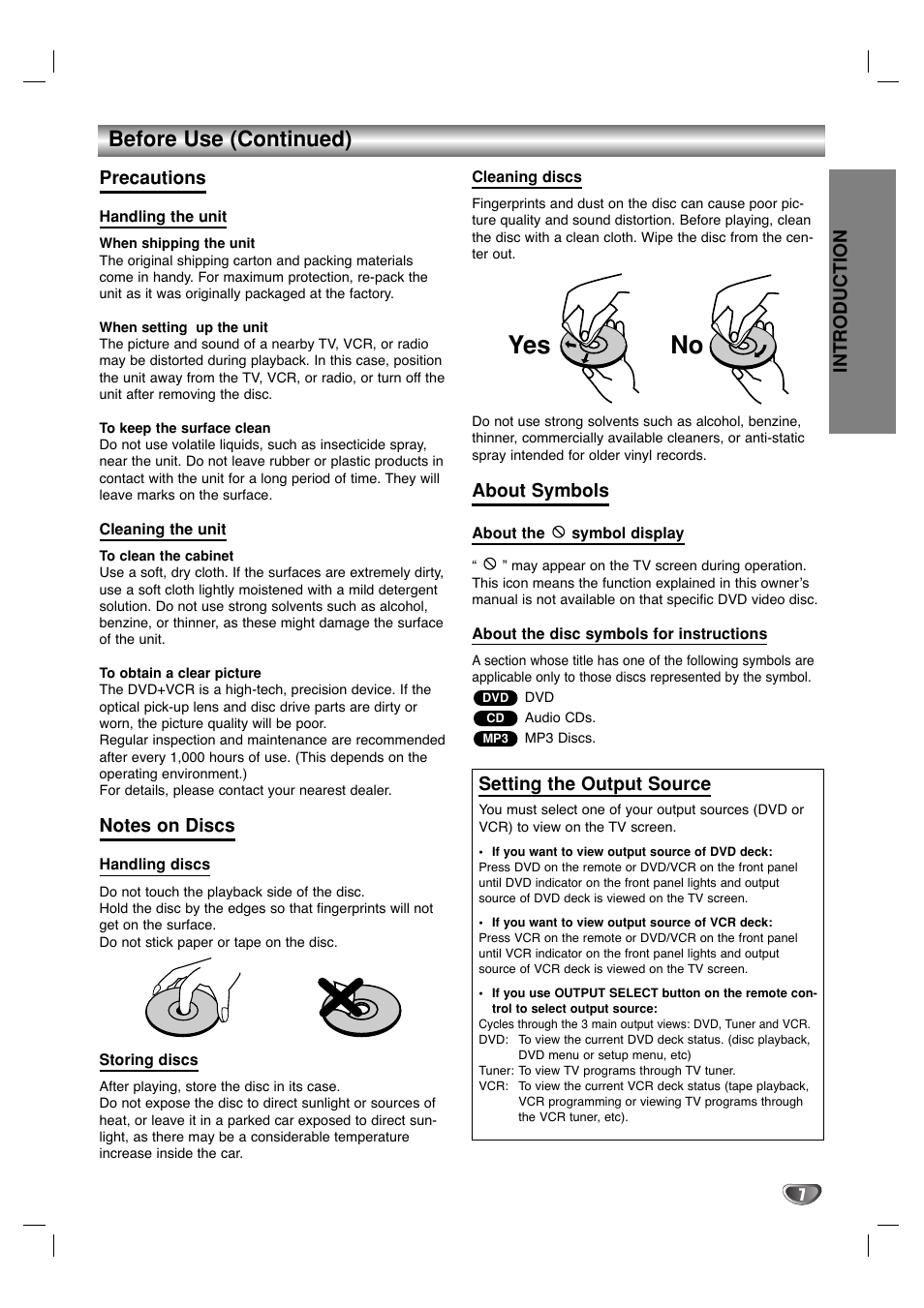 No yes, Before use (continued), Introduction | Precautions, About symbols, Setting the output source | Sanyo DVC-2000 User Manual | Page 7 / 38