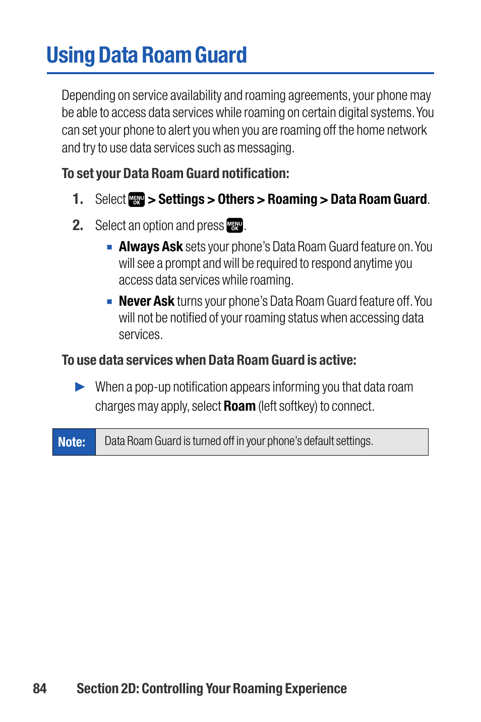 Using data roam guard | Sanyo M1 User Manual | Page 100 / 284