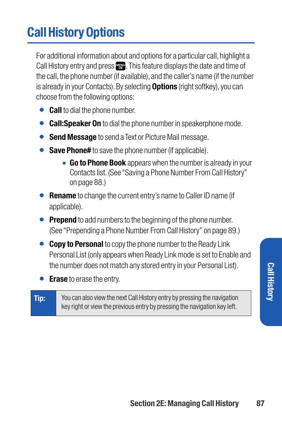 Call history options, Call histor y | Sanyo M1 User Manual | Page 103 / 284