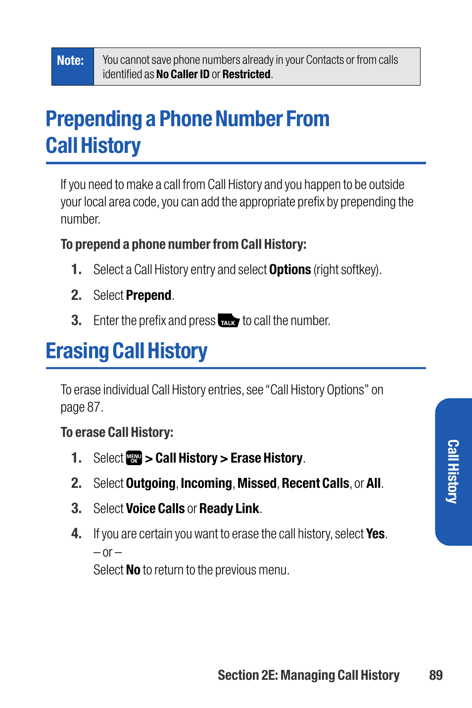 Prepending a phone number fr, Erasing call history, Prepending a phone number from call history | Sanyo M1 User Manual | Page 105 / 284