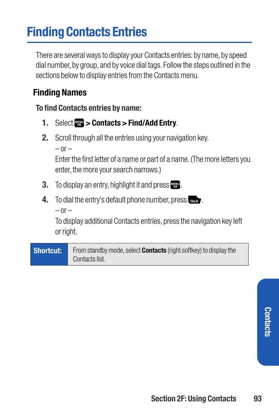 Finding contacts entries | Sanyo M1 User Manual | Page 109 / 284